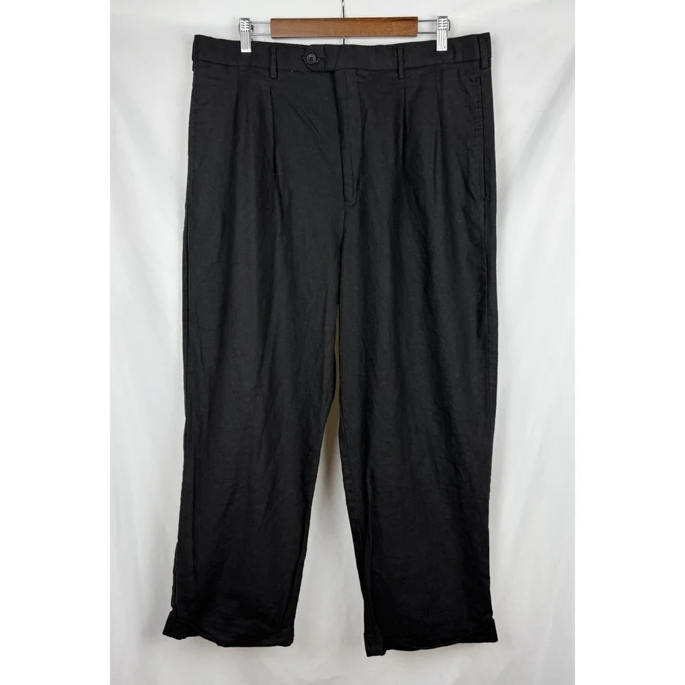 NWT Vintage TRUST Mens Linen Pleated Trousers Black Cuffed 36W 27L Tag-38x30